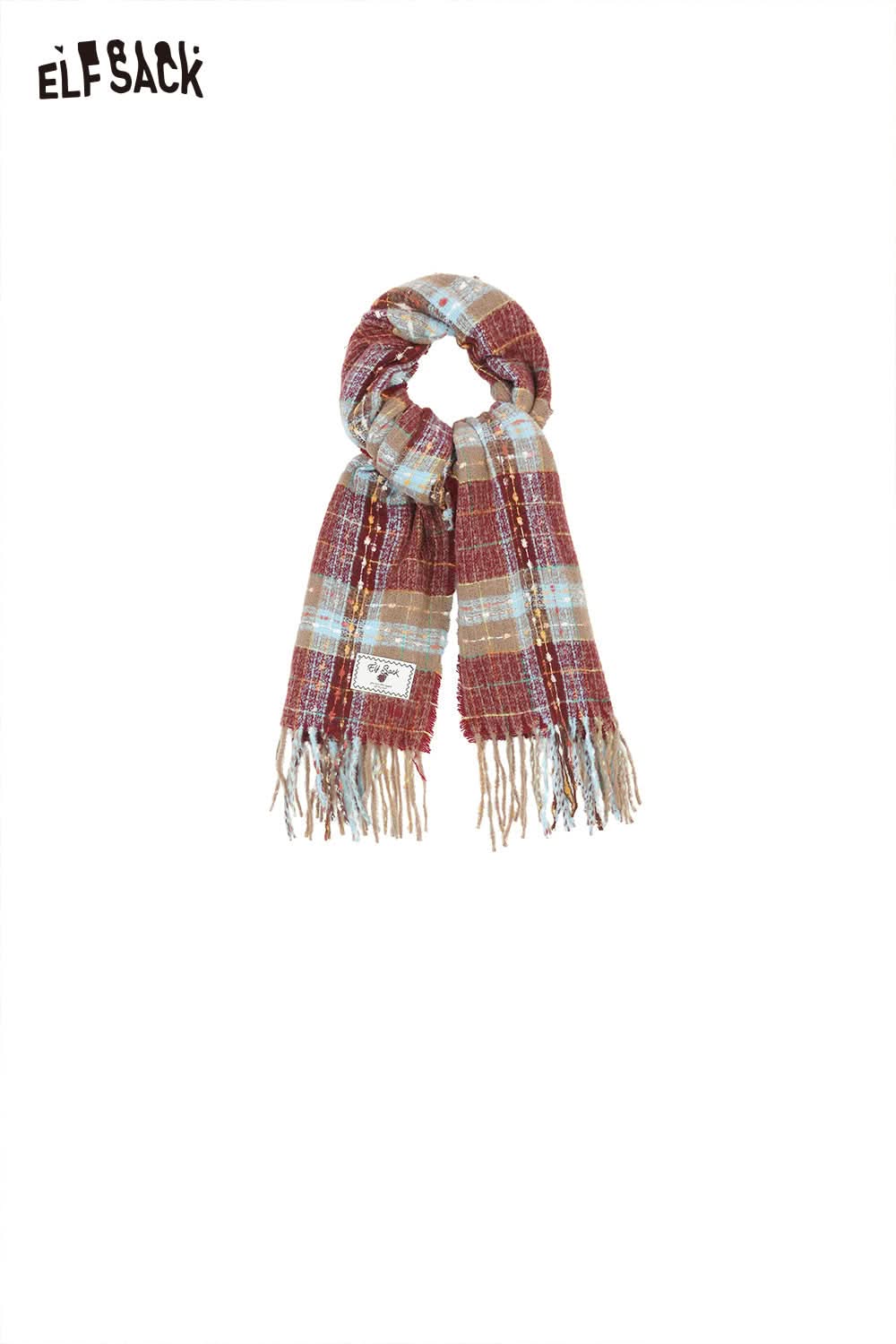 ELFSACK vintage plaid wool scarf in warm tones with fringed edges, perfect for winter fashion