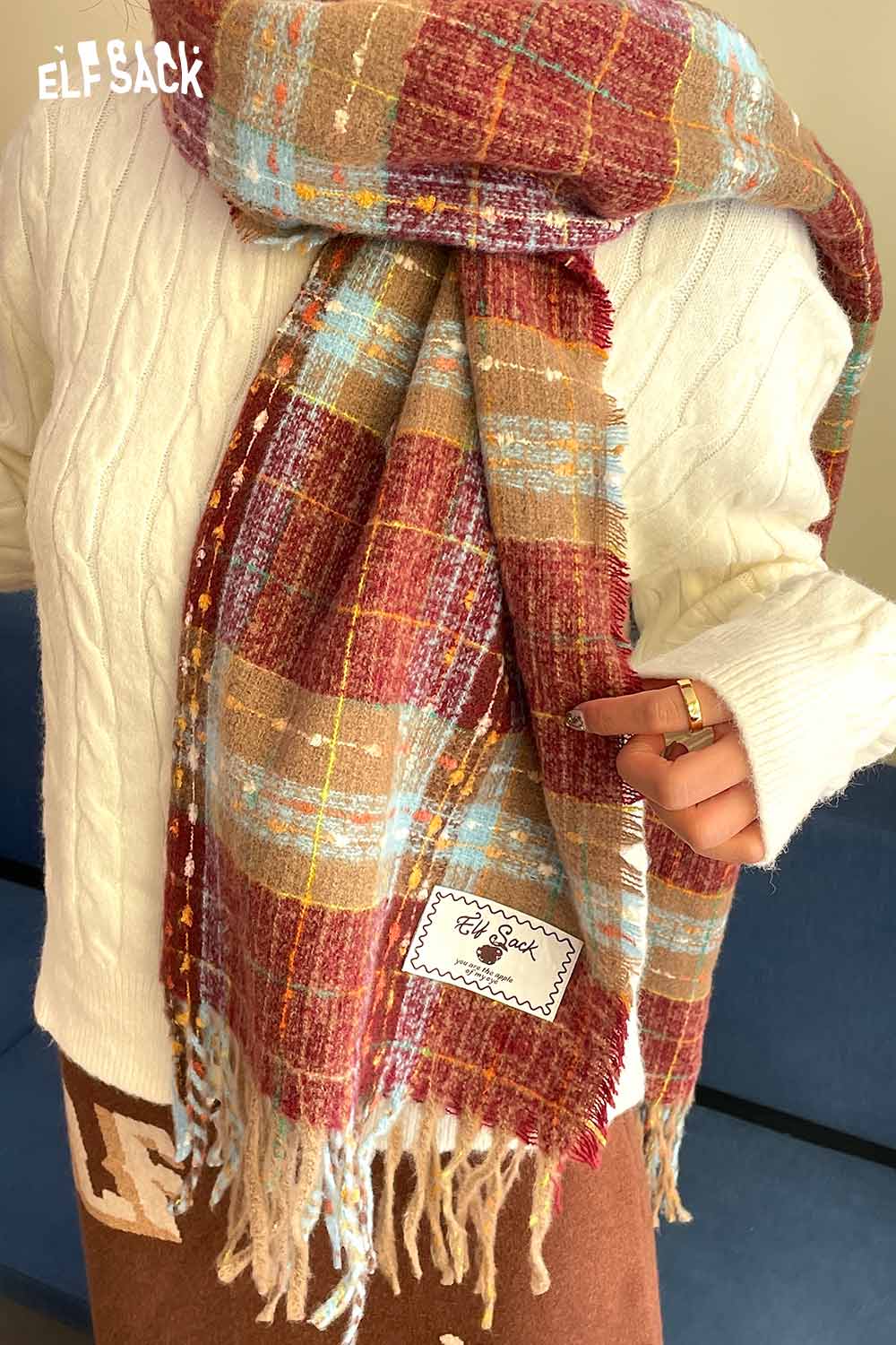 ELFSACK vintage plaid wool scarf wrapped around a cozy sweater for stylish warmth