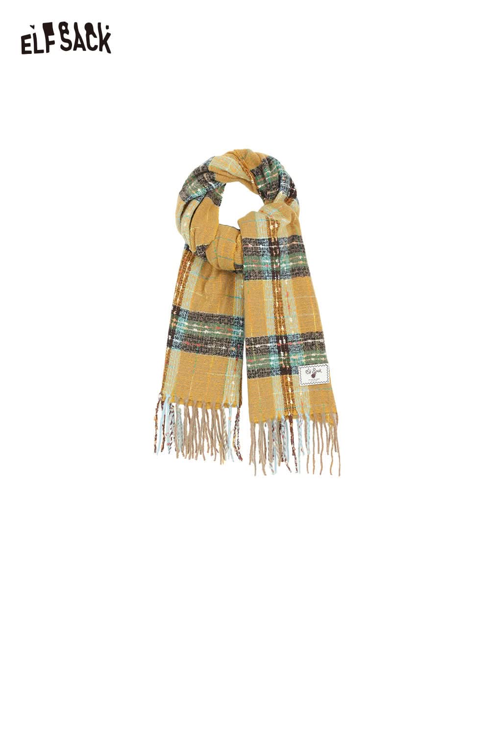 ELFSACK Vintage Plaid Wool Scarf in Yellow and Green with Fringe Accents for a Stylish Look