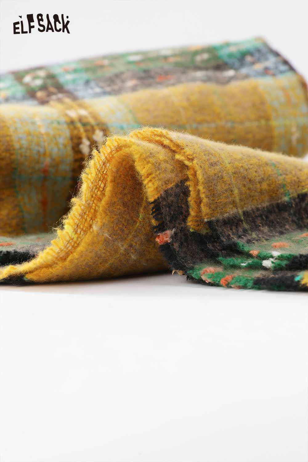 ELFSACK vintage plaid wool scarf in warm colors, perfect for adding style and warmth to any outfit