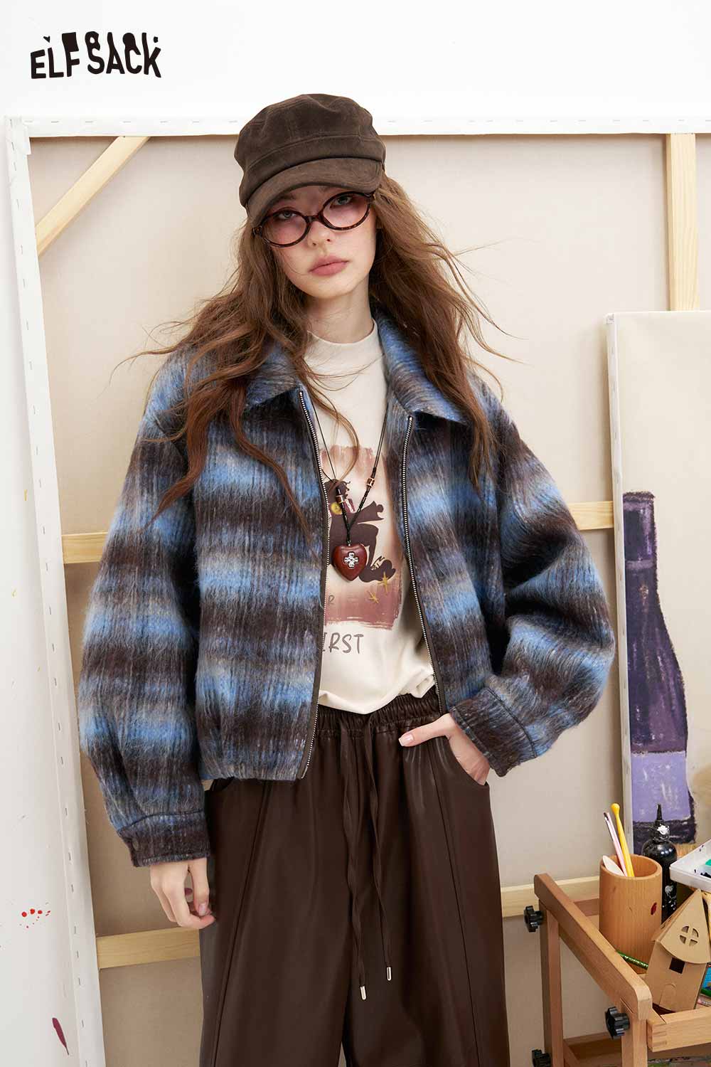 Vintage Plaid Zip-up Cropped Wool Coat