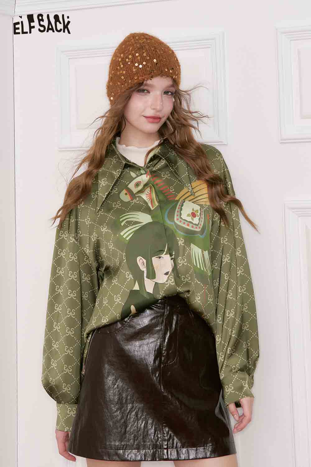 ELFSACK vintage portrait print shirt in green featuring artistic designs for a trendy look