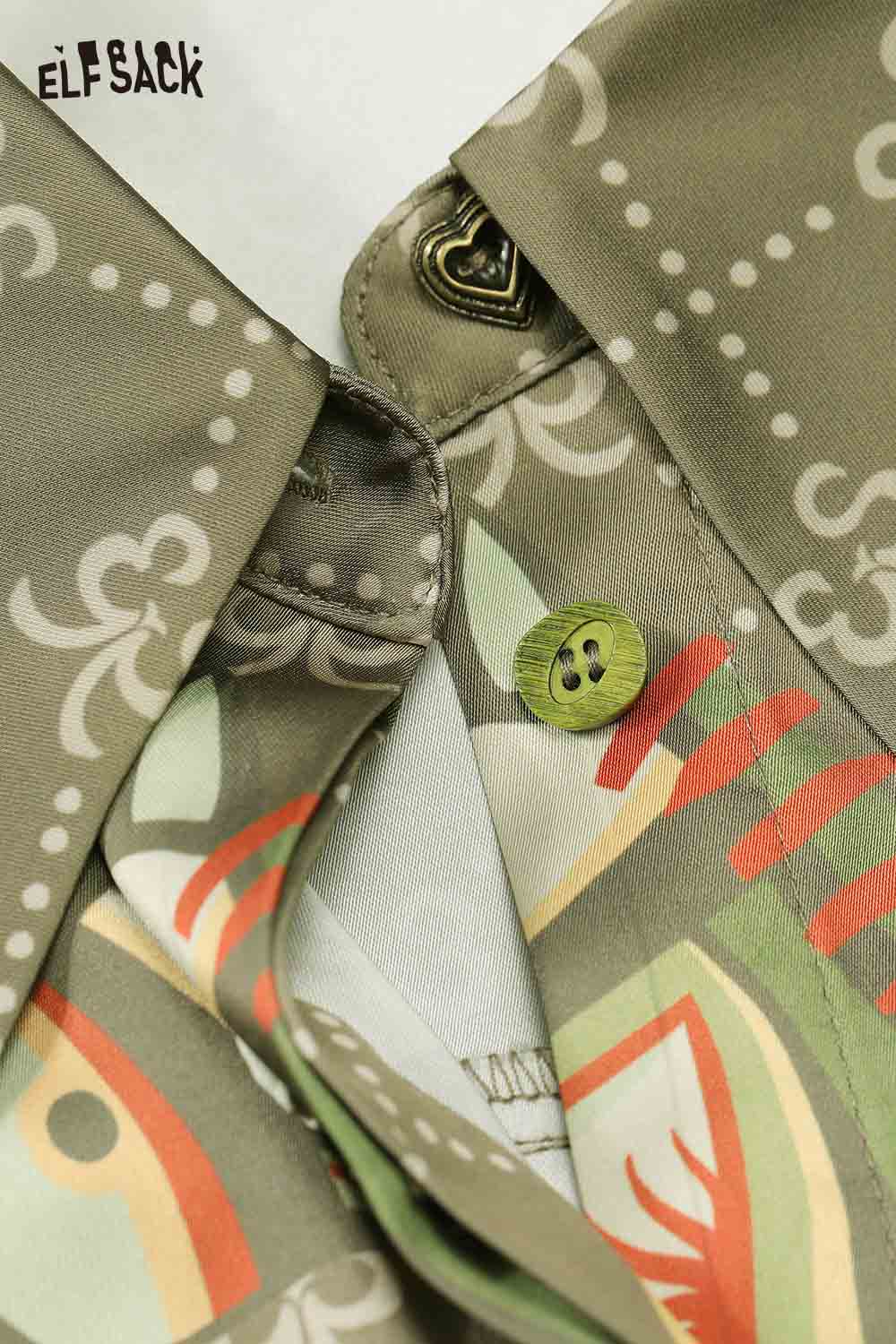 ELFSACK vintage portrait print shirt with unique button detail and elegant collar design