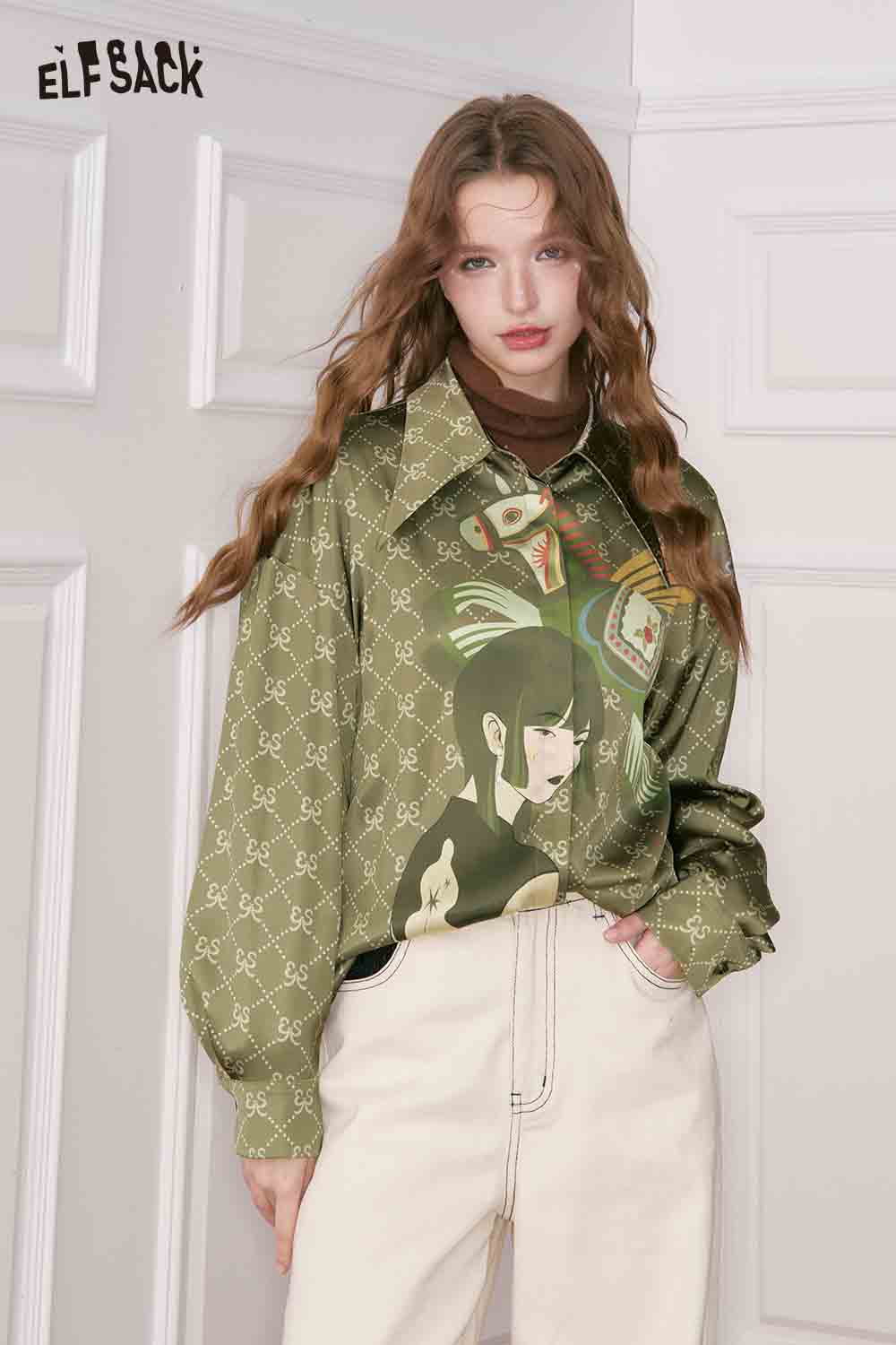 
                  
                    ELFSACK vintage portrait print shirt in olive green featuring a unique artistic design for stylish women
                  
                