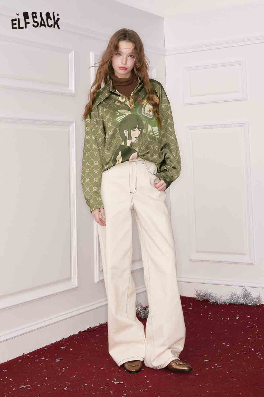 
                  
                    ELFSACK vintage portrait print shirt in green, styled with wide-leg pants for a trendy look
                  
                