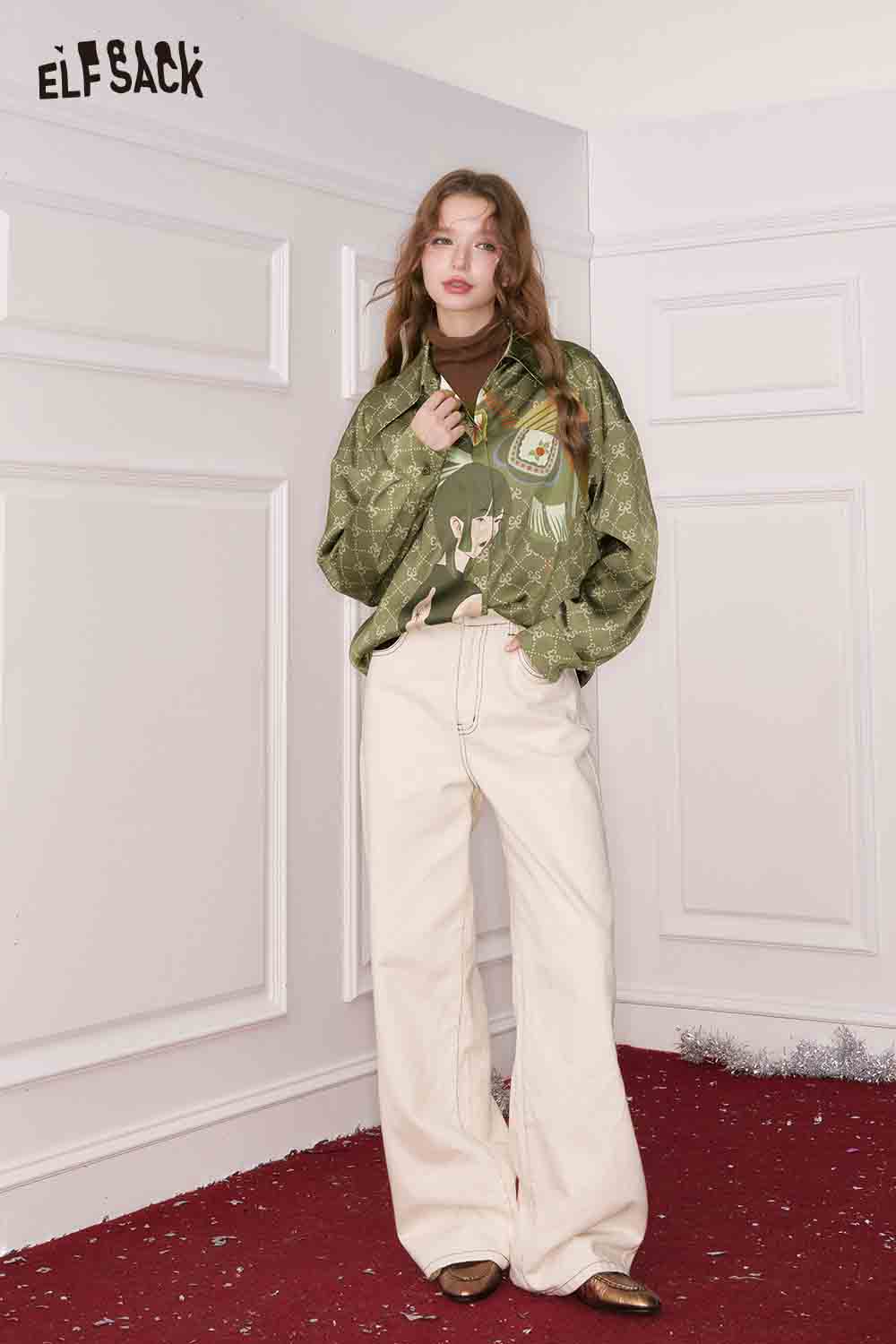 
                  
                    ELFSACK vintage portrait print shirt in green with oversized fit and stylish design for women
                  
                