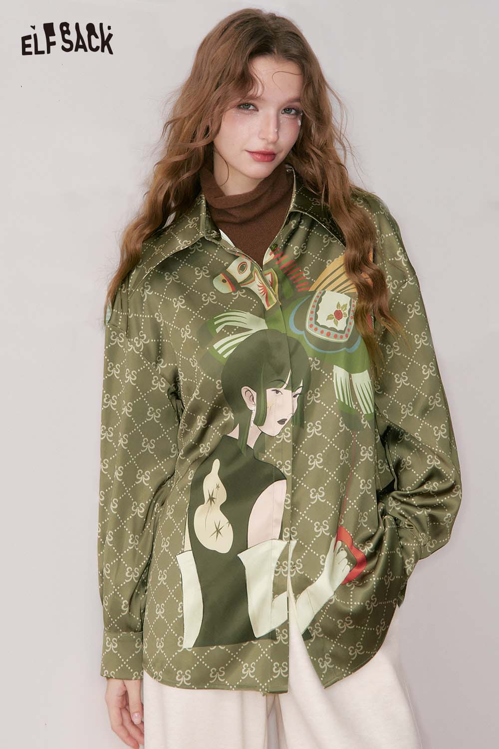 ELFSACK vintage portrait print shirt in olive green featuring artistic designs and a relaxed fit for stylish women