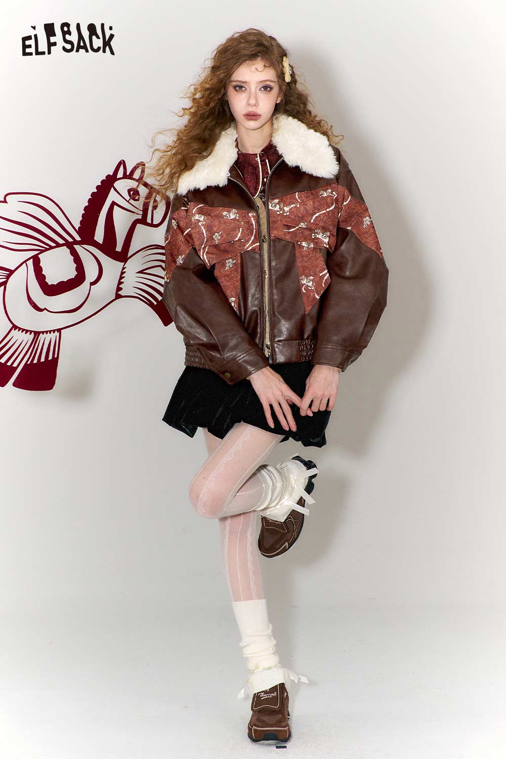 ELFSACK vintage PU leather bomber jacket with shearling collar for a stylish retro look