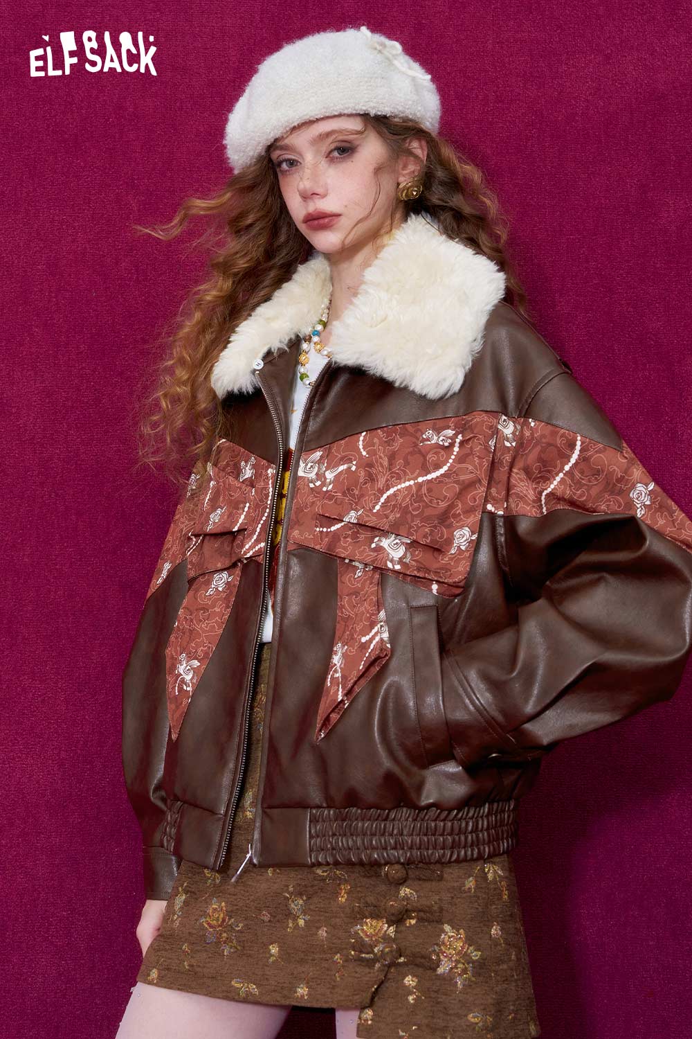 ELFSACK vintage PU leather bomber jacket with decorative floral patterns and fluffy collar for a trendy look