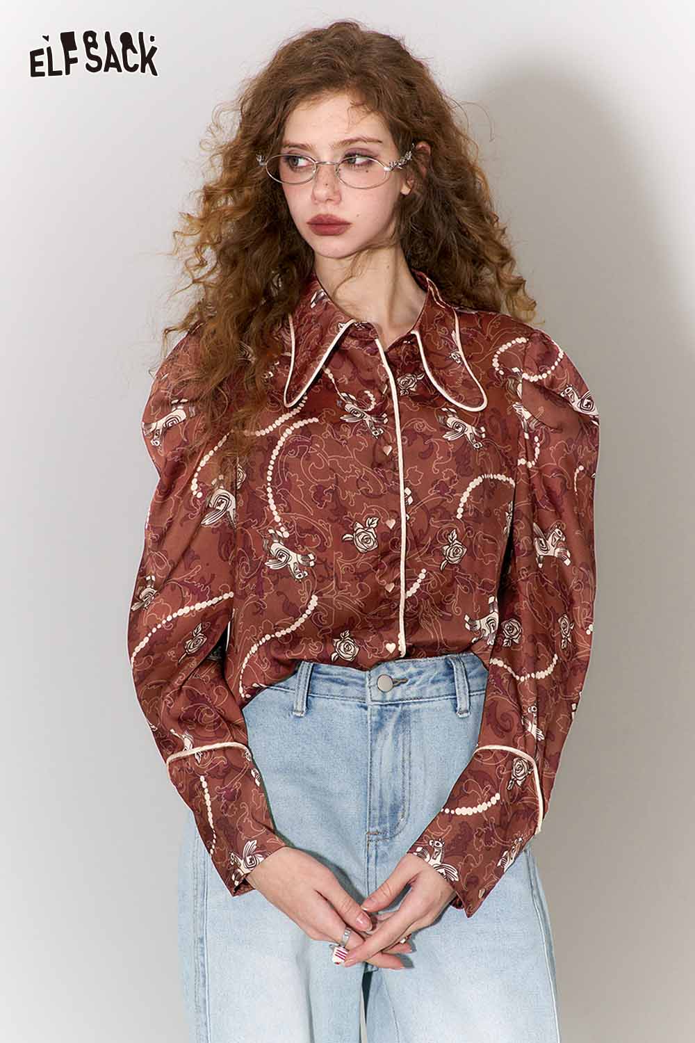 
                  
                    ELFSACK vintage rose print shirt for women with puffed sleeves and elegant floral design
                  
                