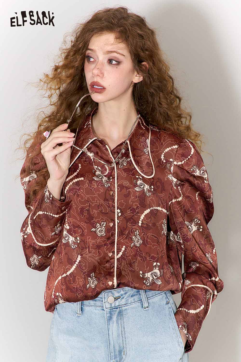 ELFSACK vintage rose print shirt for women in brown with stylish puff sleeves and button-down front