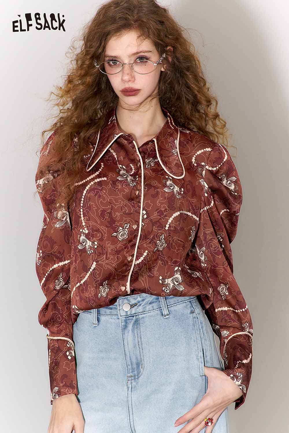 
                  
                    ELFSACK vintage rose print shirt for women with puff sleeves and elegant design
                  
                