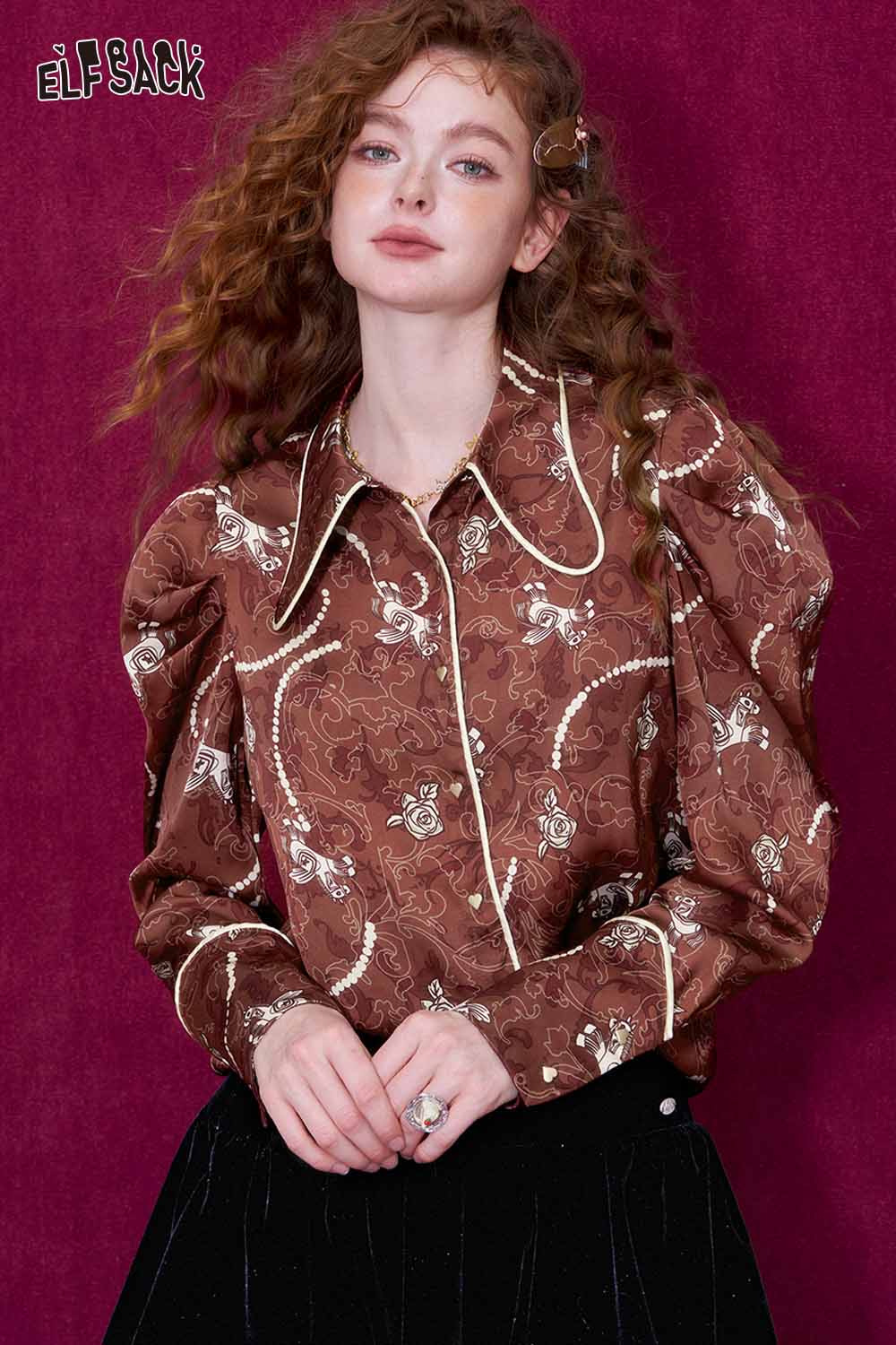 
                  
                    ELFSACK vintage rose print shirt for women with puff sleeves and retro floral design
                  
                