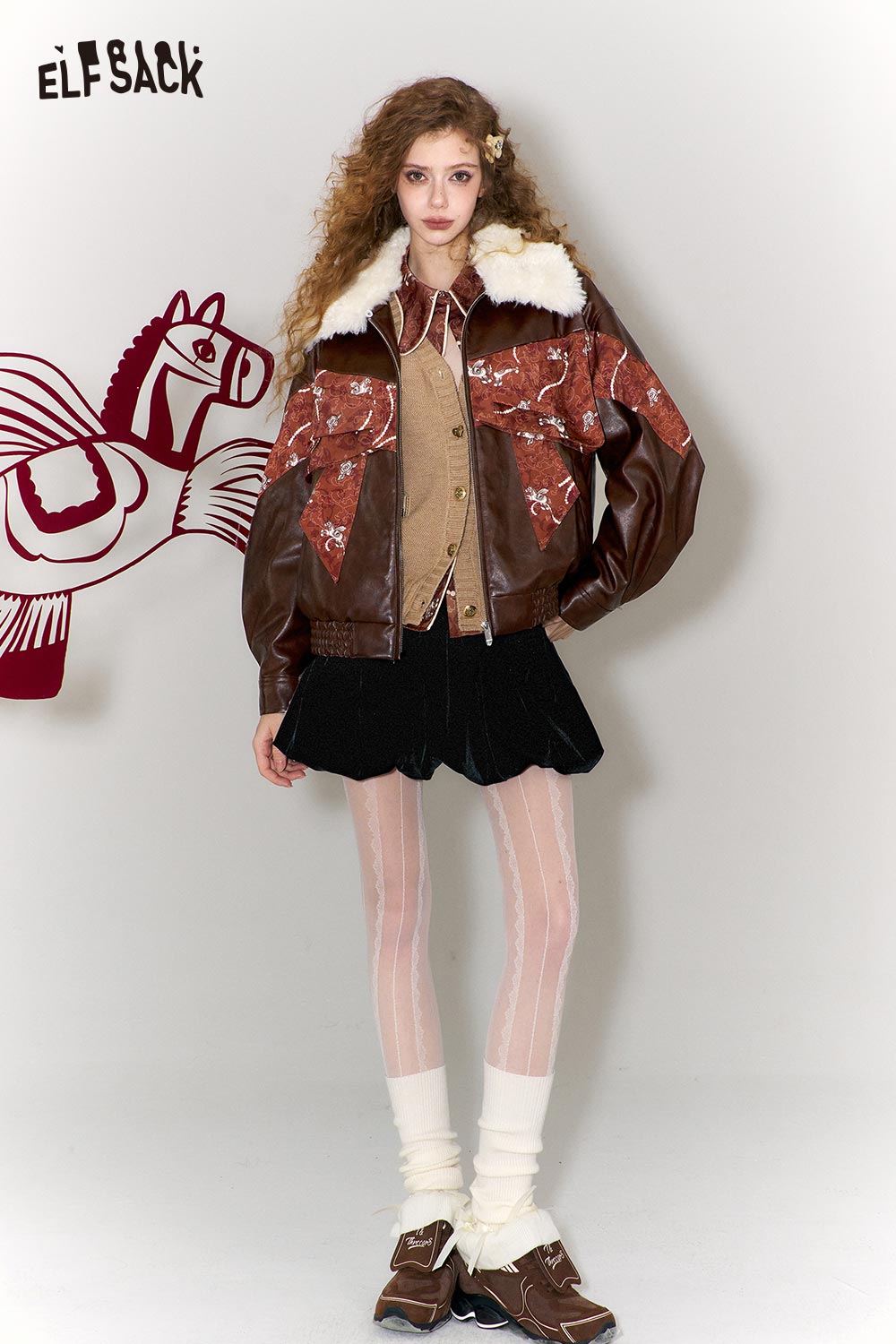 
                  
                    ELFSACK vintage rose print shirt for women paired with a stylish brown jacket and black skirt
                  
                