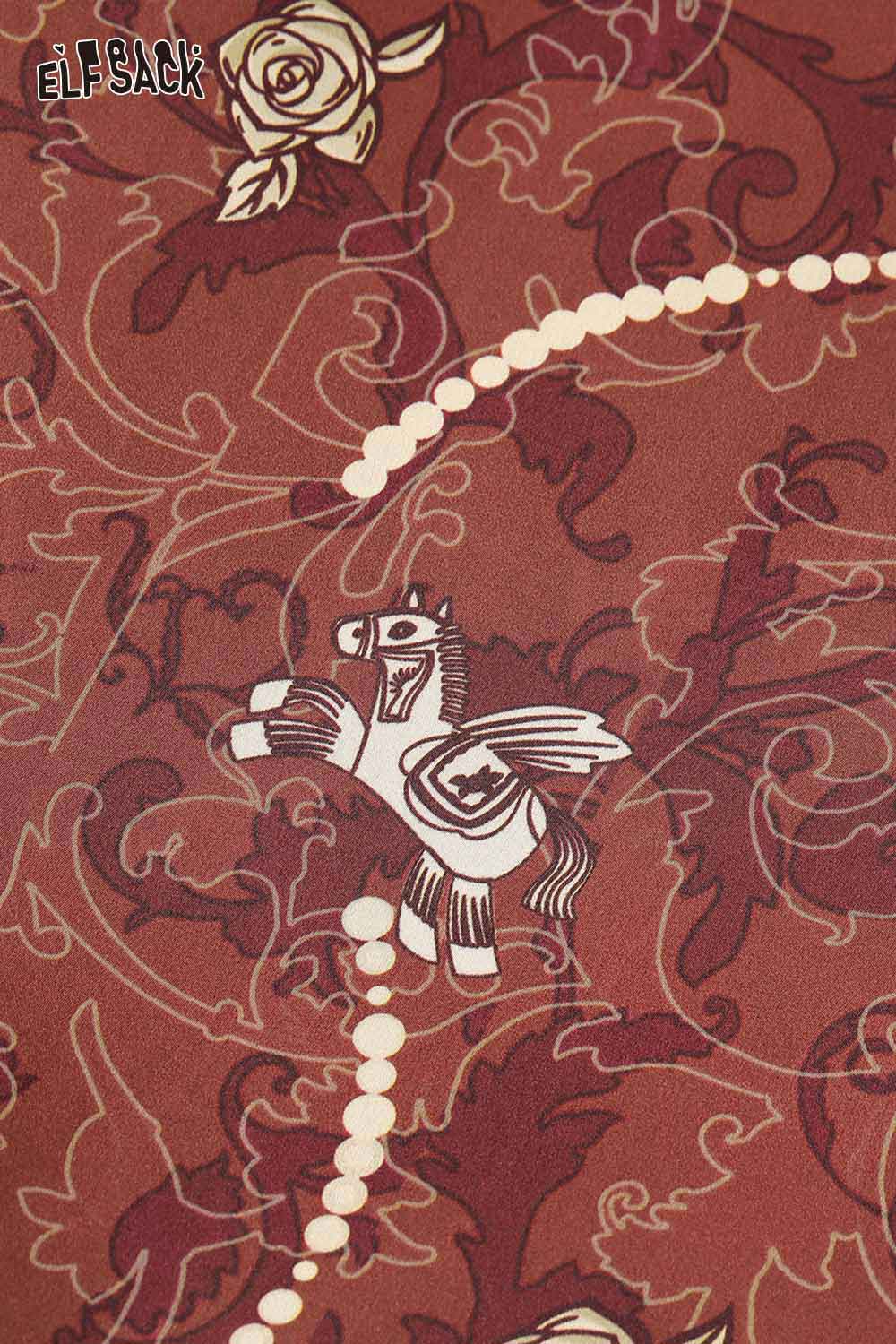 Vintage rose print shirt for women featuring elegant horse and floral patterns on rich fabric