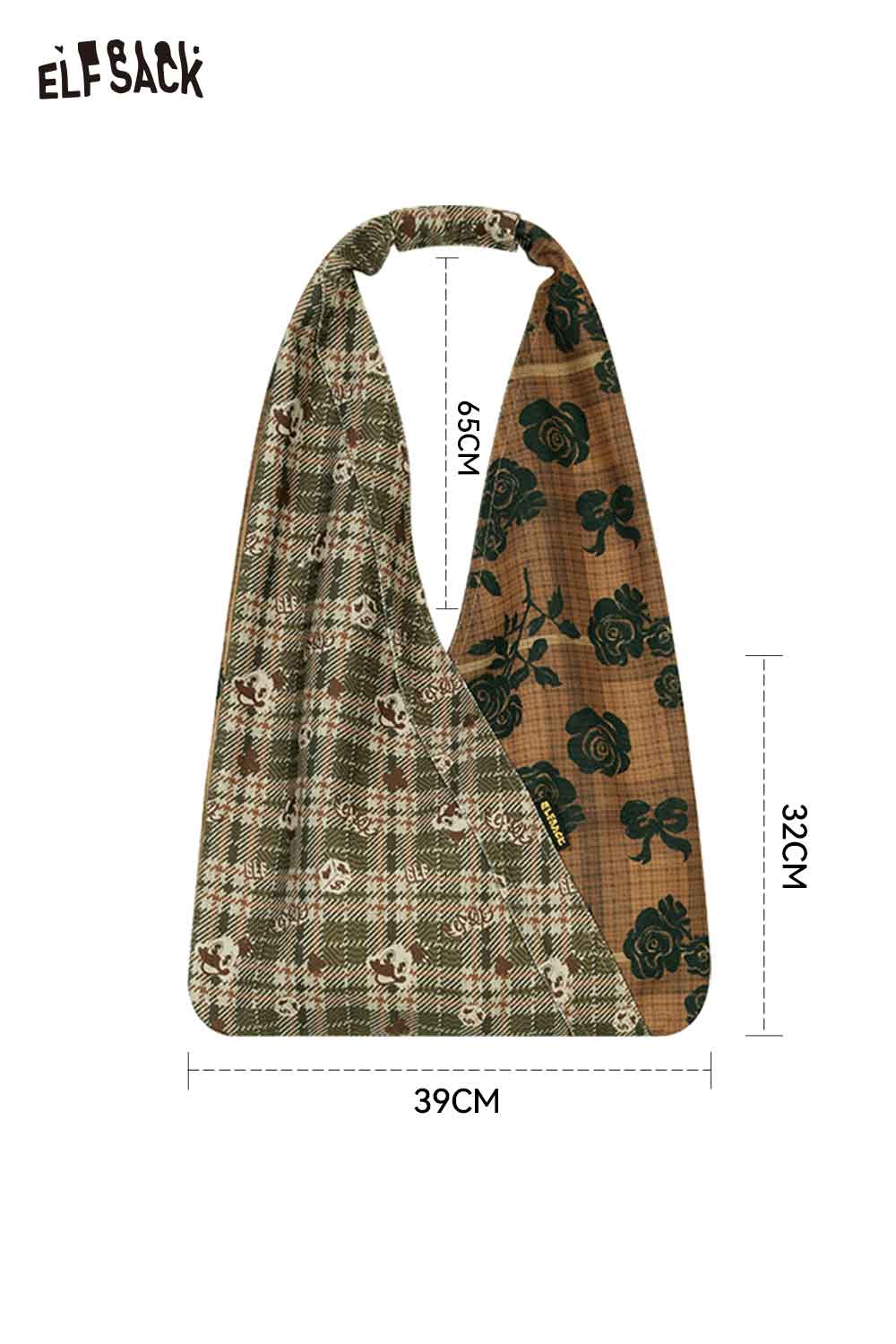 ELFSACK vintage stripe tote bag in green and brown floral patterns with spacious design for daily use