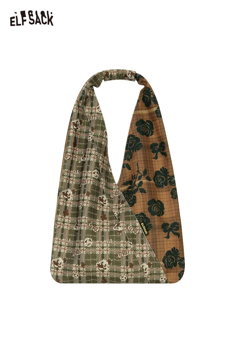 ELFSACK vintage stripe tote bag featuring a unique plaid and floral design for stylish casual wear