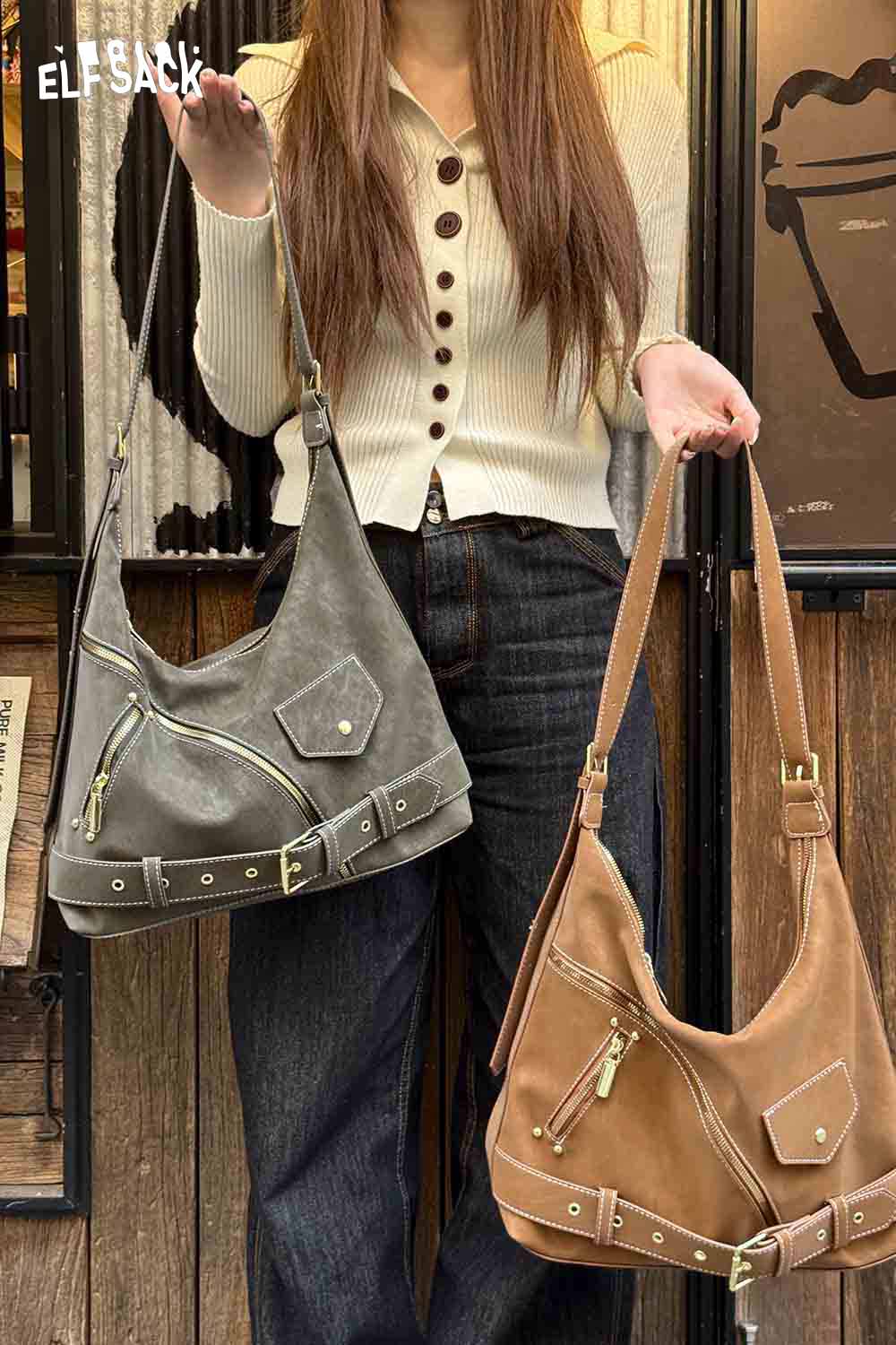 ELFSACK vintage suede shoulder bag available in gray and brown with adjustable strap