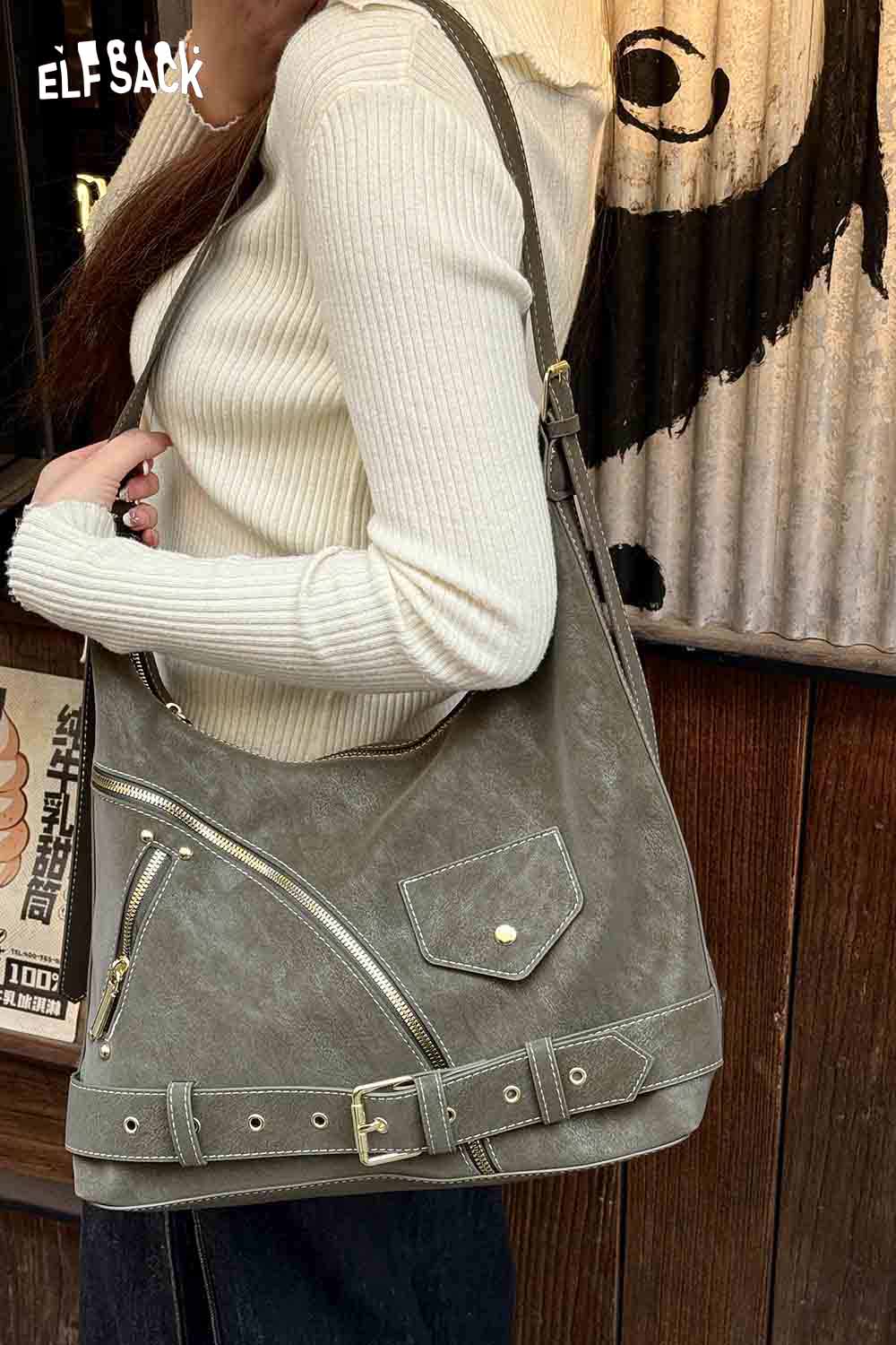 ELFSACK vintage suede shoulder bag with stylish buckle detail and spacious design for everyday use