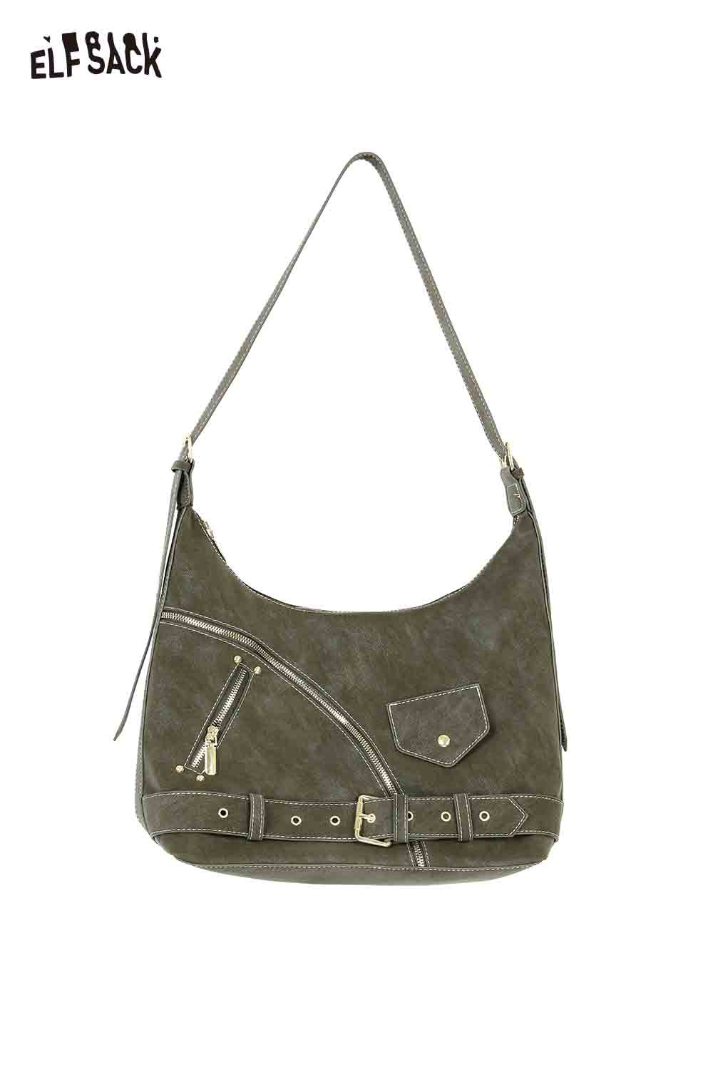 ELFSACK vintage suede shoulder bag with stylish side zipper and adjustable strap