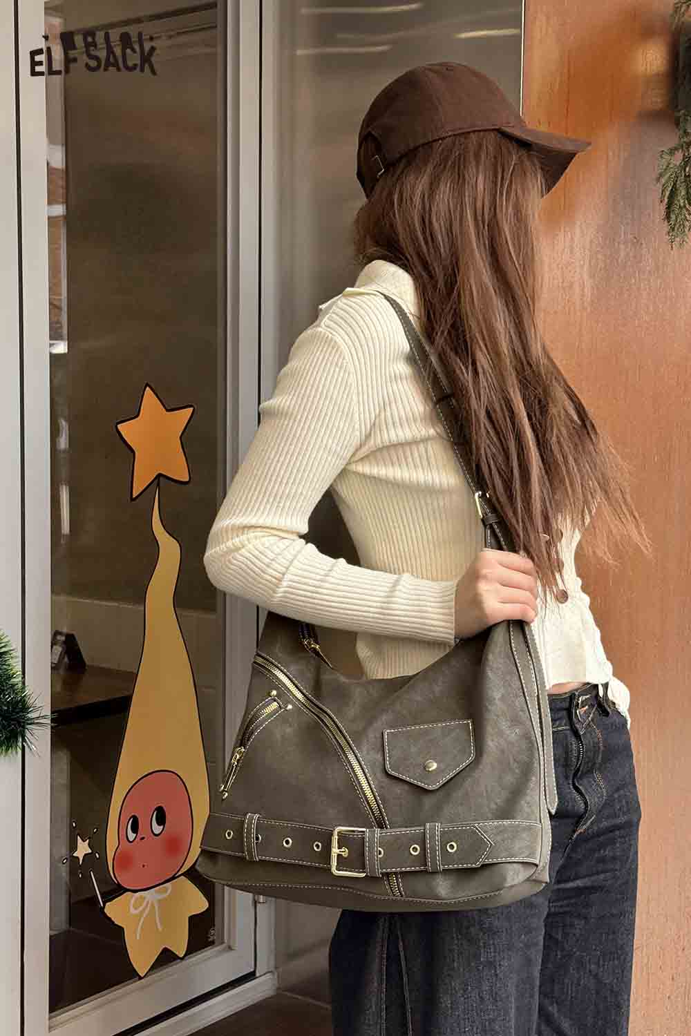 ELFSACK vintage suede shoulder bag in gray with stylish design and roomy interior