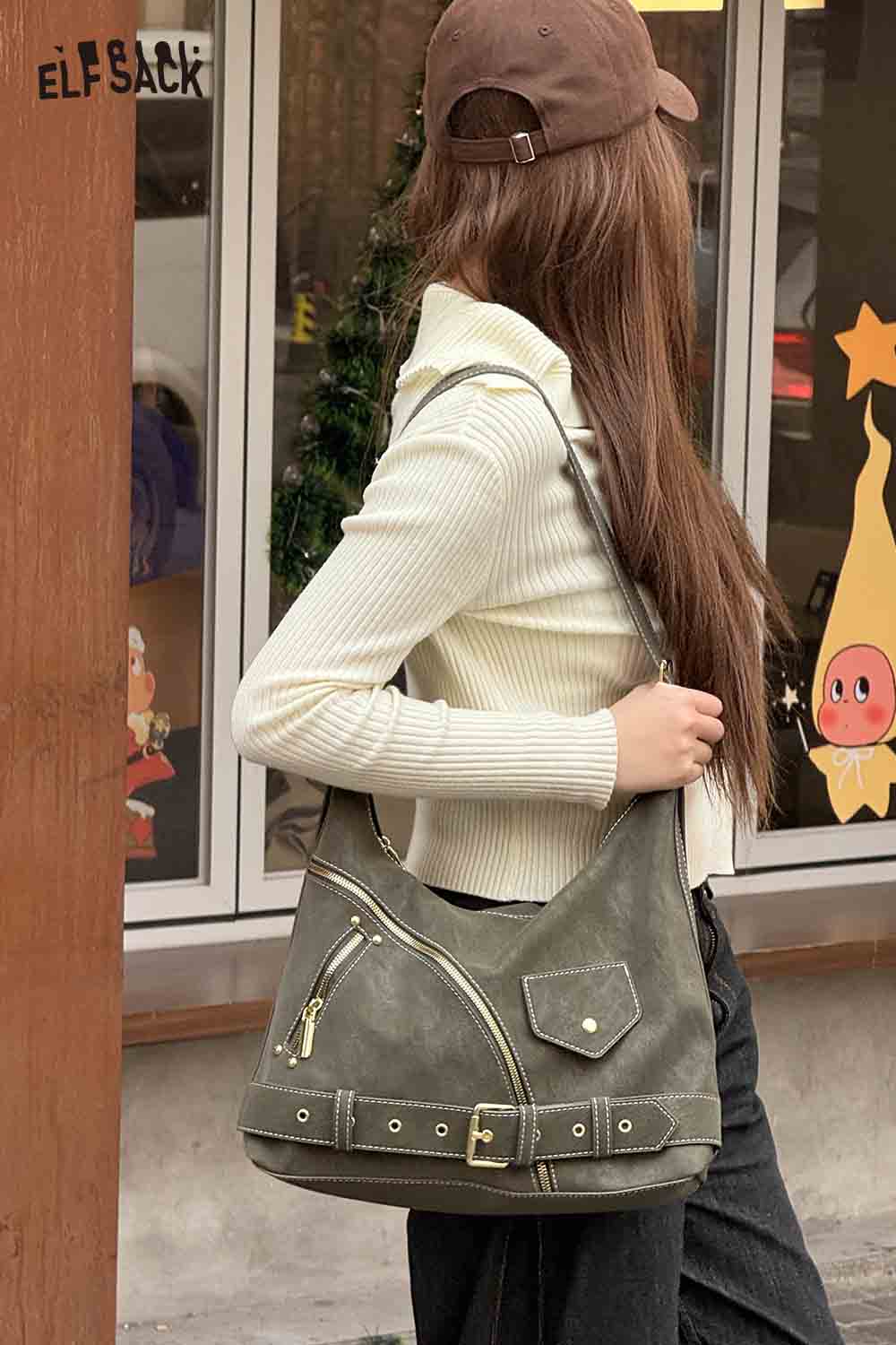 ELFSACK vintage suede shoulder bag in olive green, stylish and versatile for everyday use
