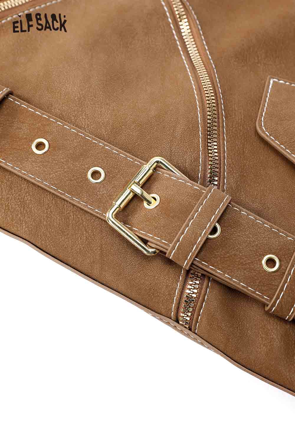Close-up of ELFSACK vintage suede shoulder bag featuring a stylish buckle and detailed stitching