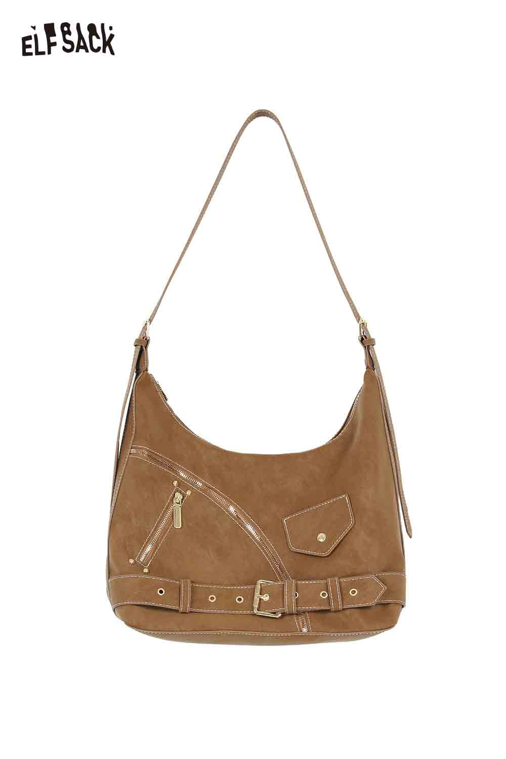 ELFSACK vintage suede shoulder bag with stylish zippers and adjustable strap for daily use