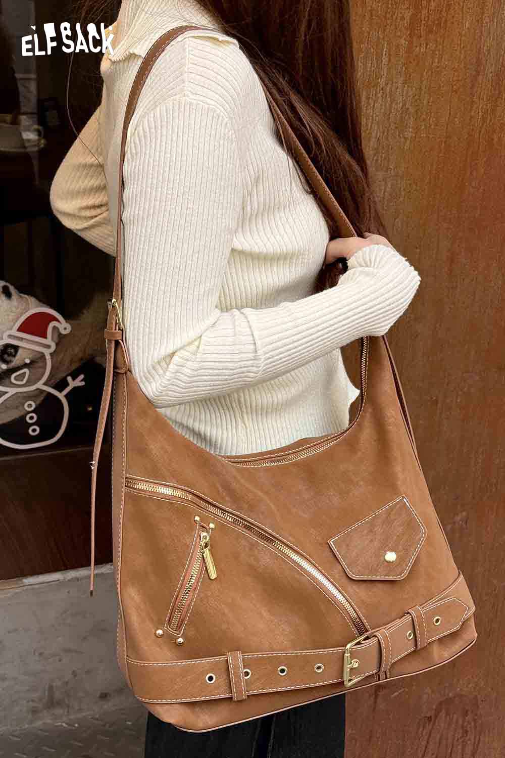 ELFSACK vintage suede shoulder bag with stylish design and multiple zip pockets for everyday use