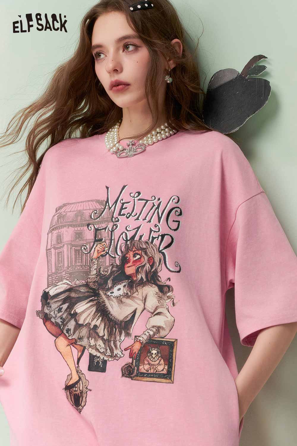 ELFSACK Vintage Sweet Girly Royal Portrait Print Back Bow Tshirt Dress