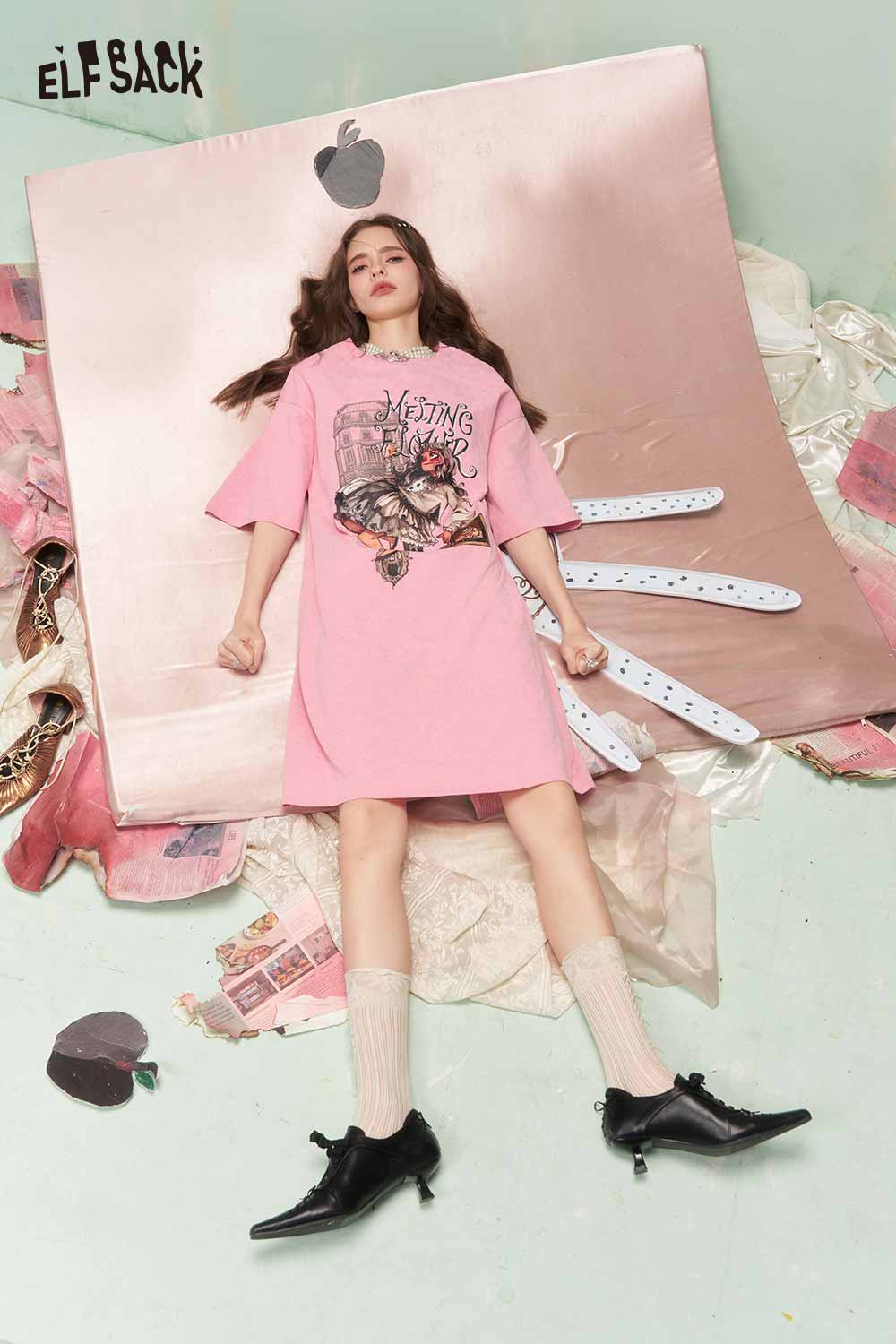 ELFSACK Vintage Sweet Girly Royal Portrait Print Back Bow Tshirt Dress