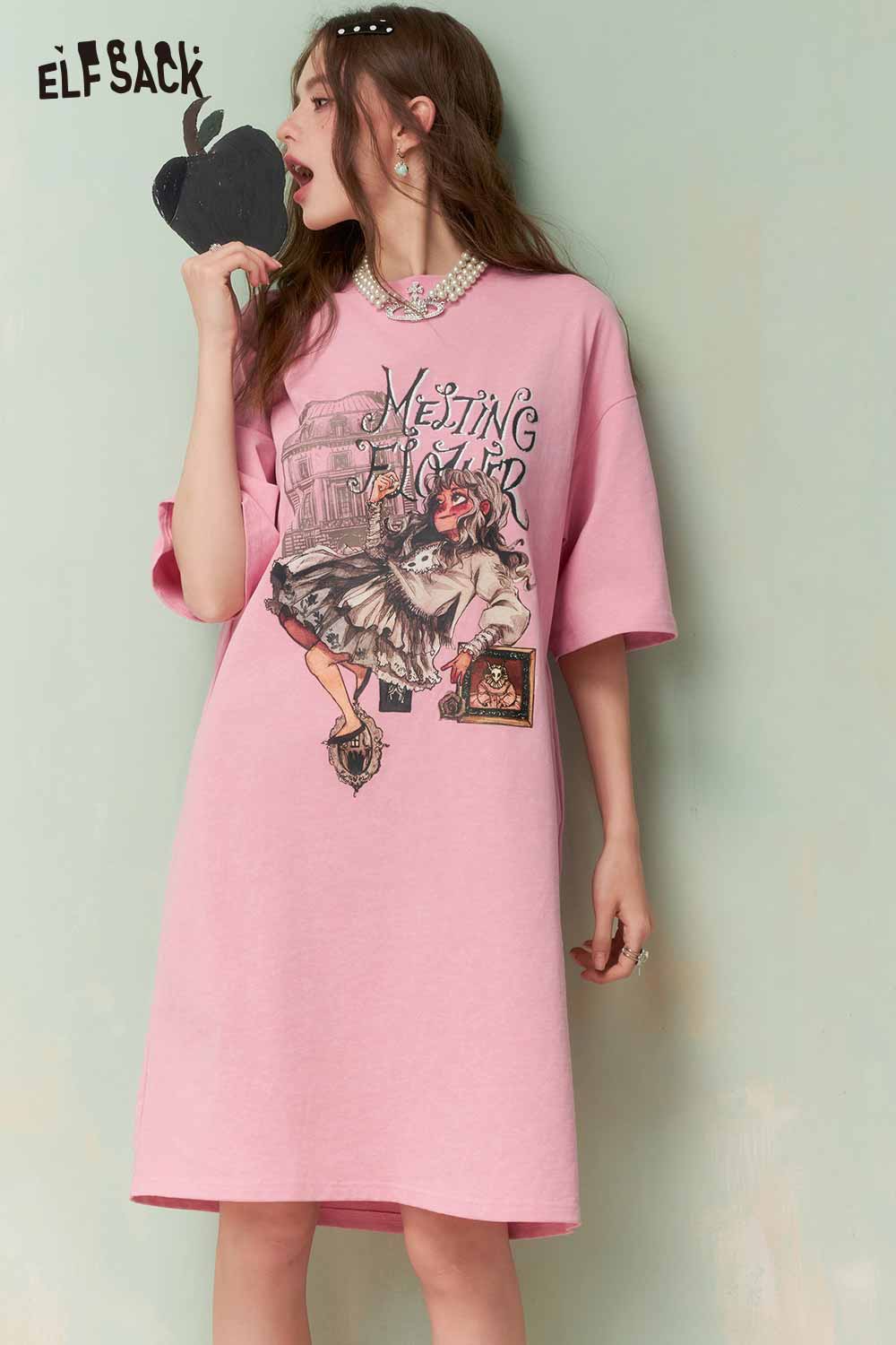 ELFSACK Vintage Sweet Girly Royal Portrait Print Back Bow Tshirt Dress