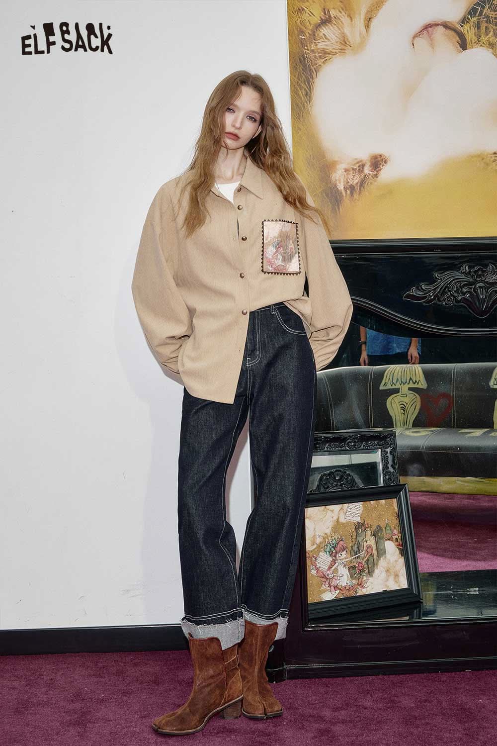 ELFSACK vintage wash straight leg jeans for women styled with a beige oversized shirt and brown boots