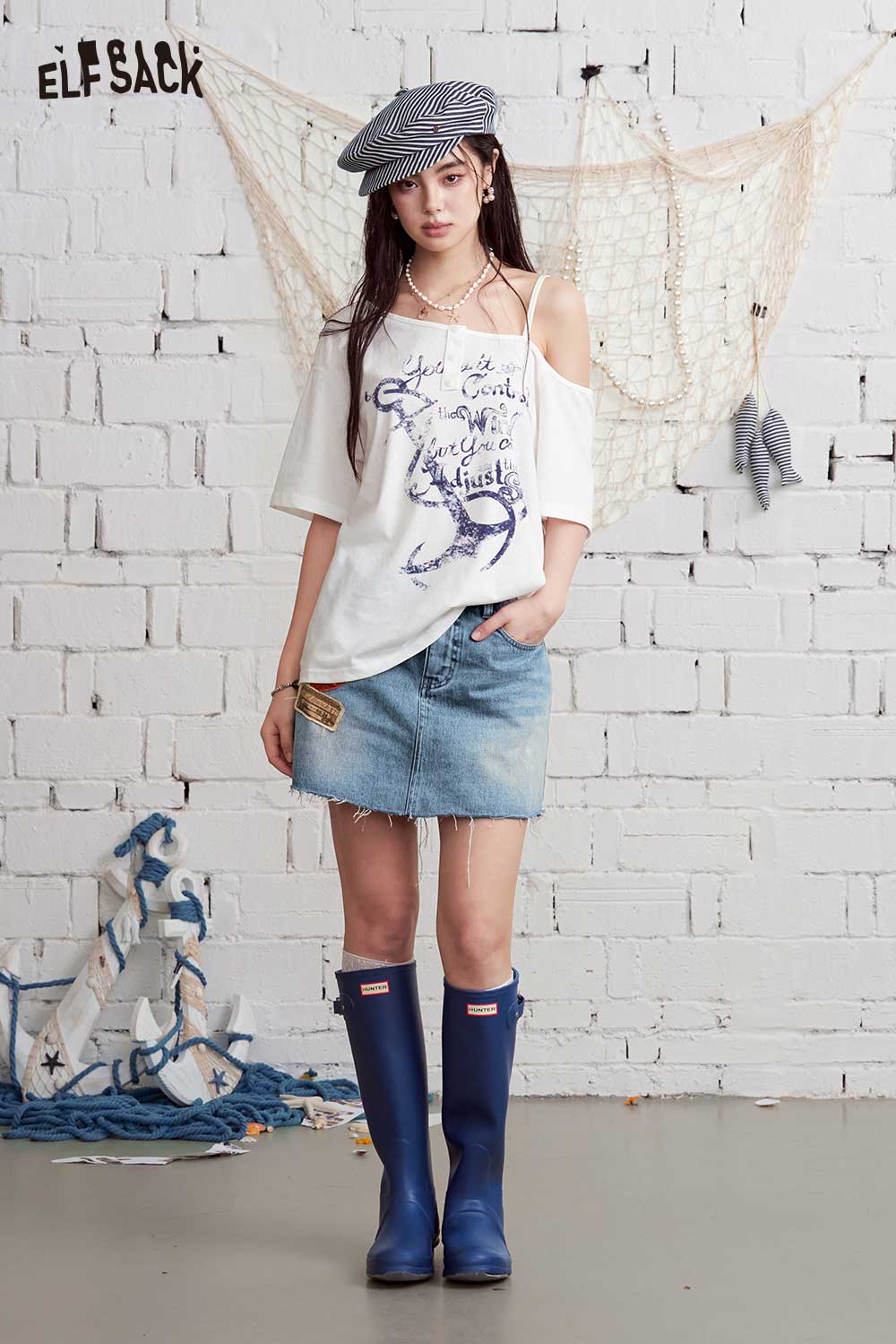 ELFSACK Vintage Washed Frayed Hem Denim Shorts