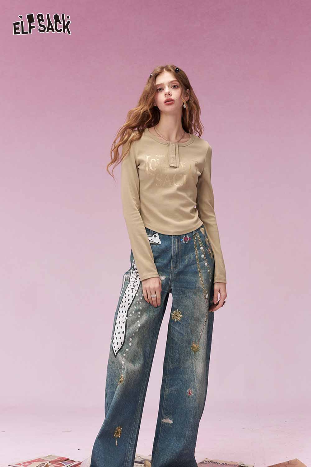 ELFSACK Vintage Heart Chain Bow Print Wide Leg Jeans