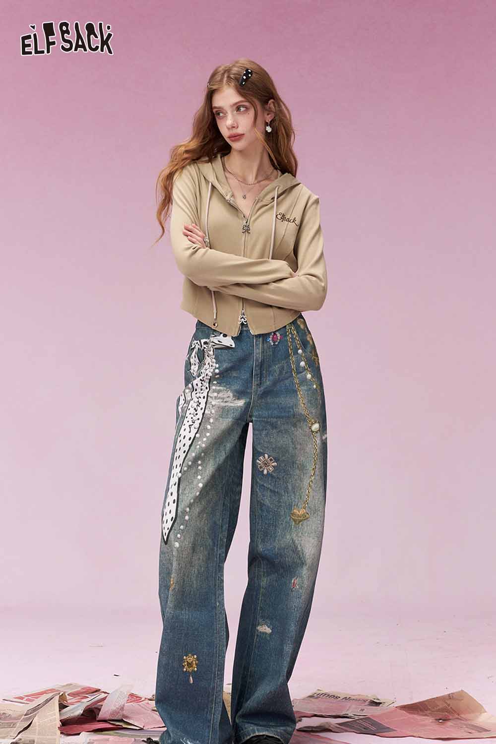 ELFSACK Vintage Heart Chain Bow Print Wide Leg Jeans