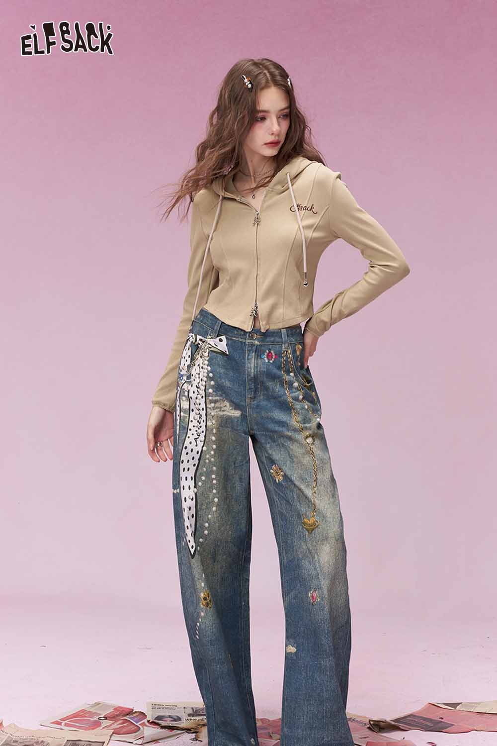 ELFSACK Vintage Heart Chain Bow Print Wide Leg Jeans