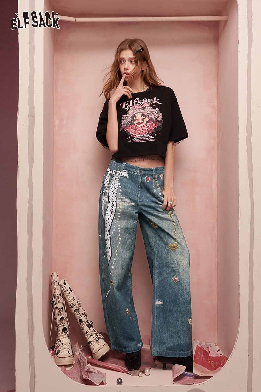 ELFSACK Vintage Heart Chain Bow Print Wide Leg Jeans