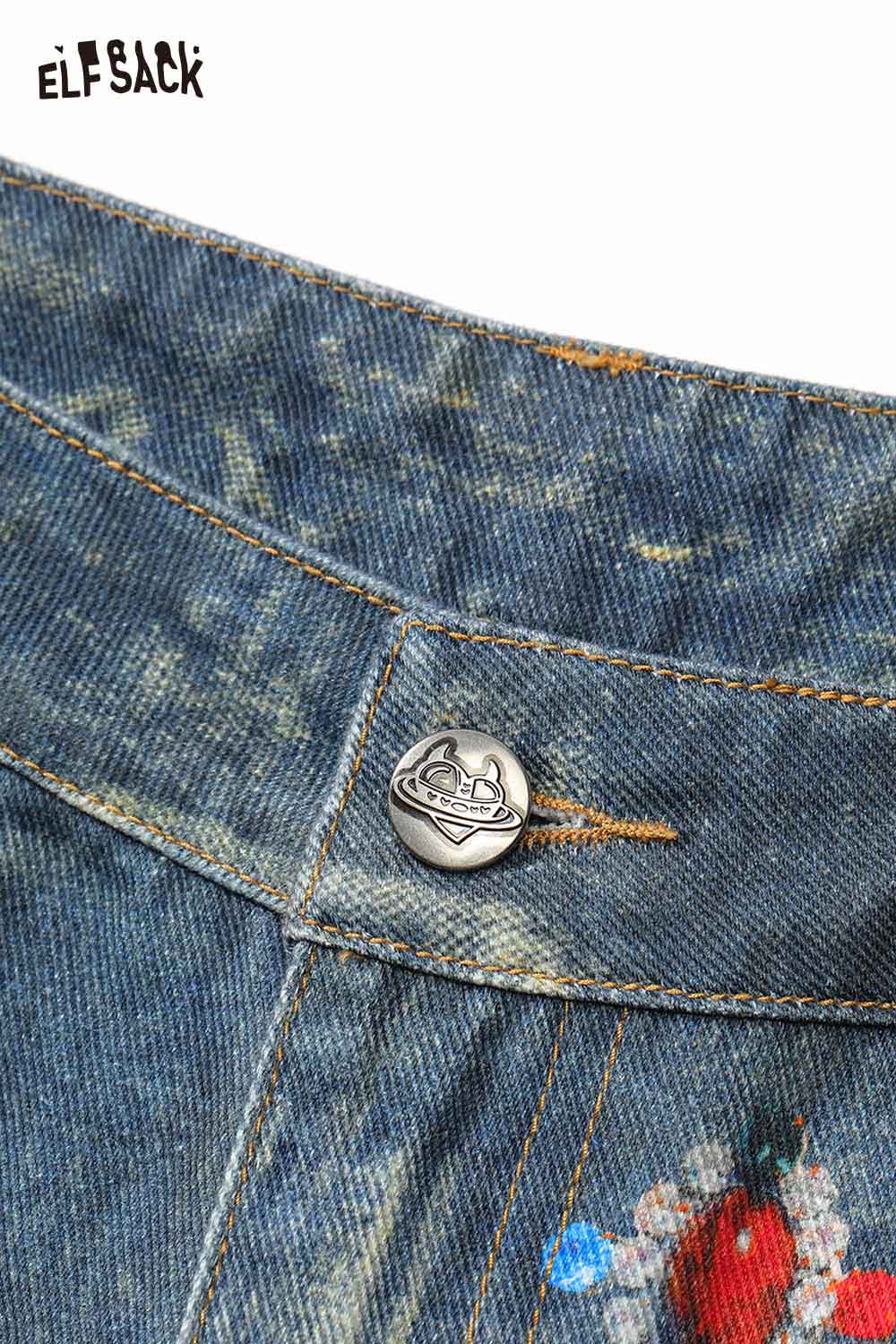 ELFSACK Vintage Heart Chain Bow Print Wide Leg Jeans