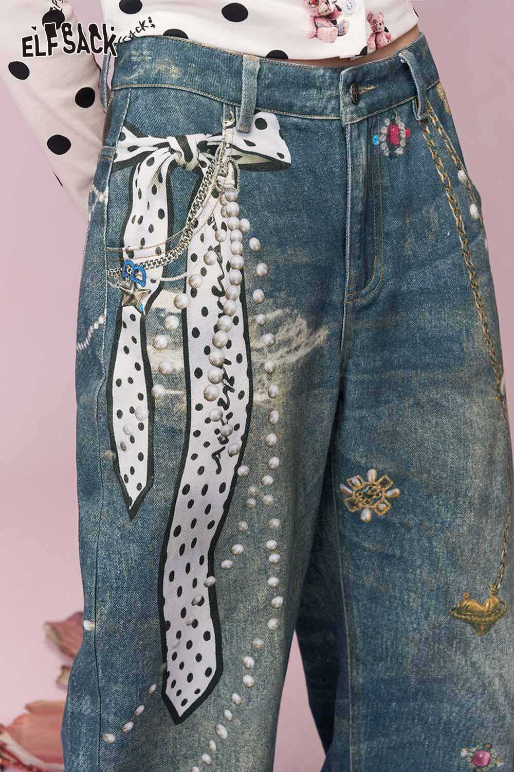 ELFSACK Vintage Heart Chain Bow Print Wide Leg Jeans
