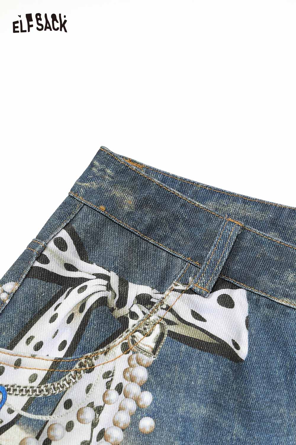 ELFSACK Vintage Heart Chain Bow Print Wide Leg Jeans