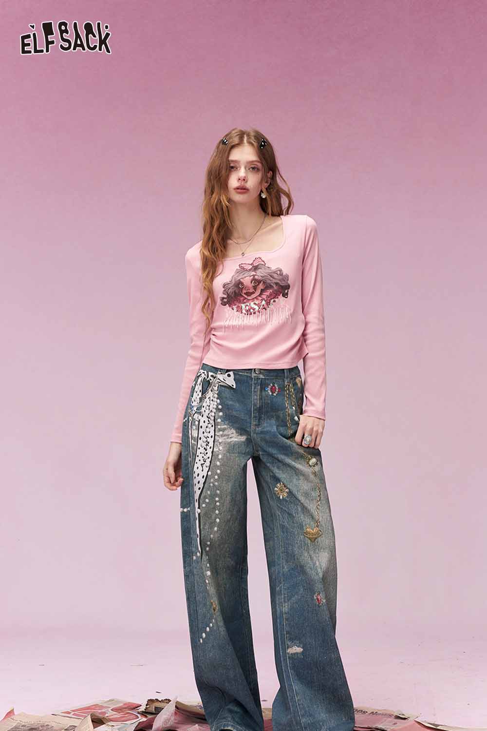 ELFSACK Vintage Heart Chain Bow Print Wide Leg Jeans