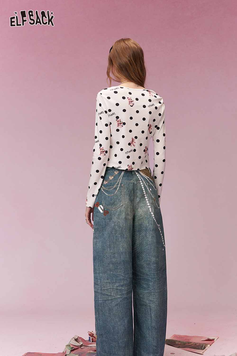 ELFSACK Vintage Heart Chain Bow Print Wide Leg Jeans