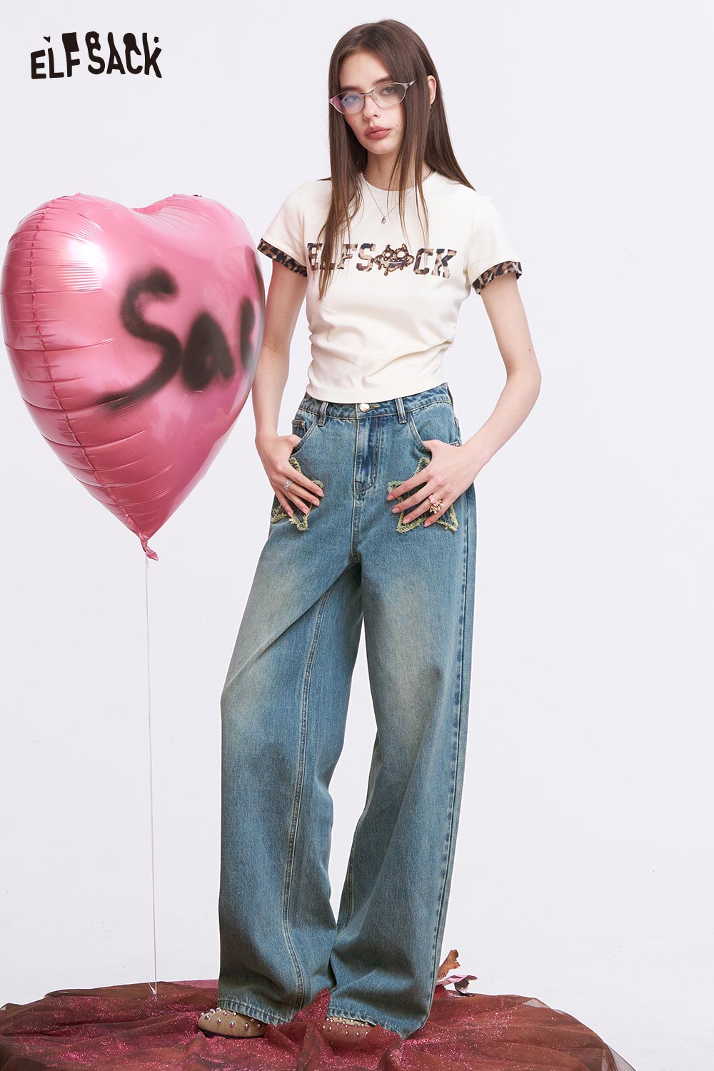ELFSACK Vintage Wide Leg Jeans with Star Patchwork