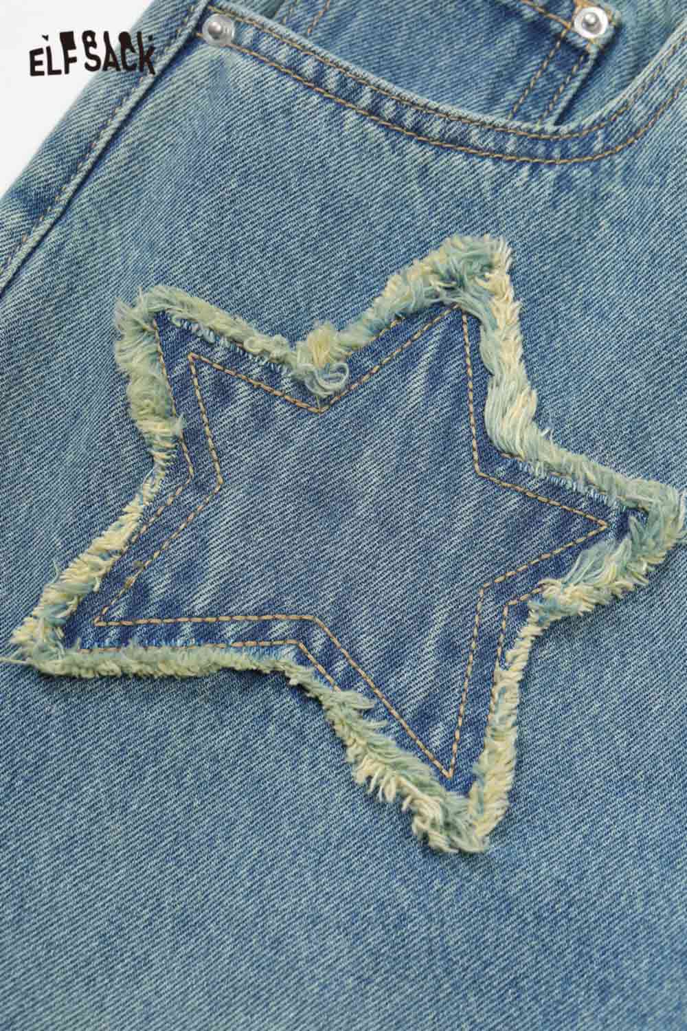 ELFSACK Vintage Wide Leg Jeans with Star Patchwork