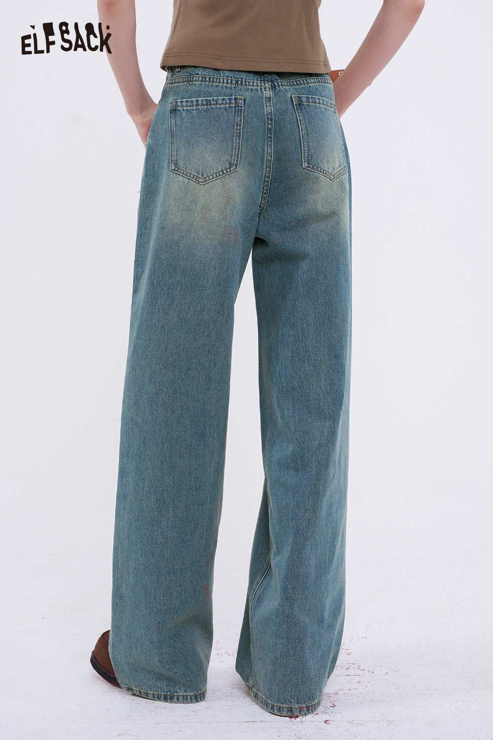 ELFSACK Vintage Wide Leg Jeans with Star Patchwork