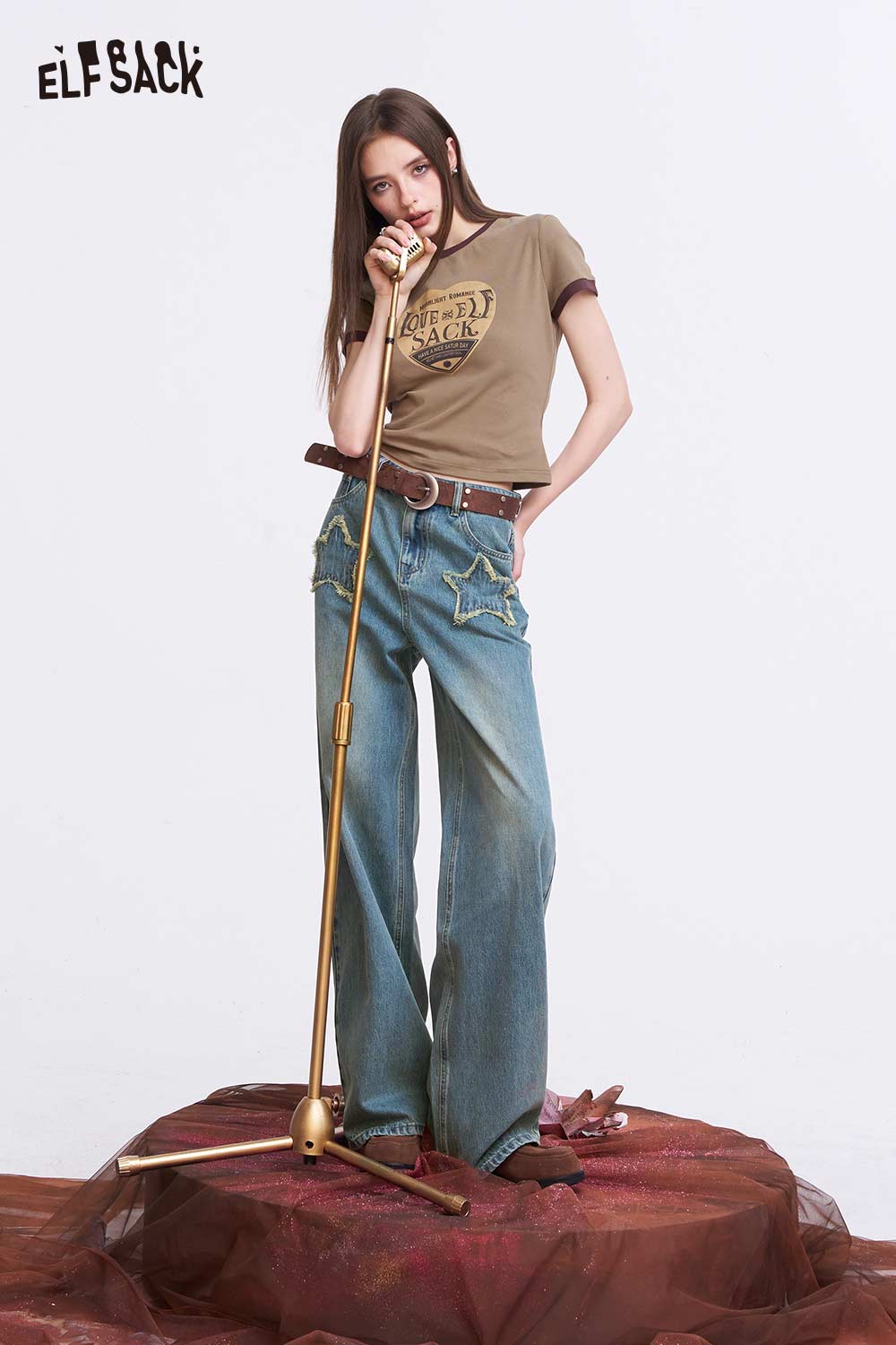 ELFSACK Vintage Wide Leg Jeans with Star Patchwork