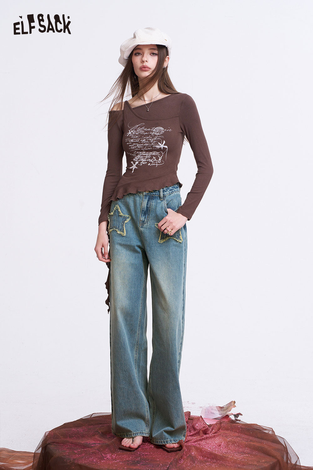 ELFSACK Vintage Wide Leg Jeans with Star Patchwork