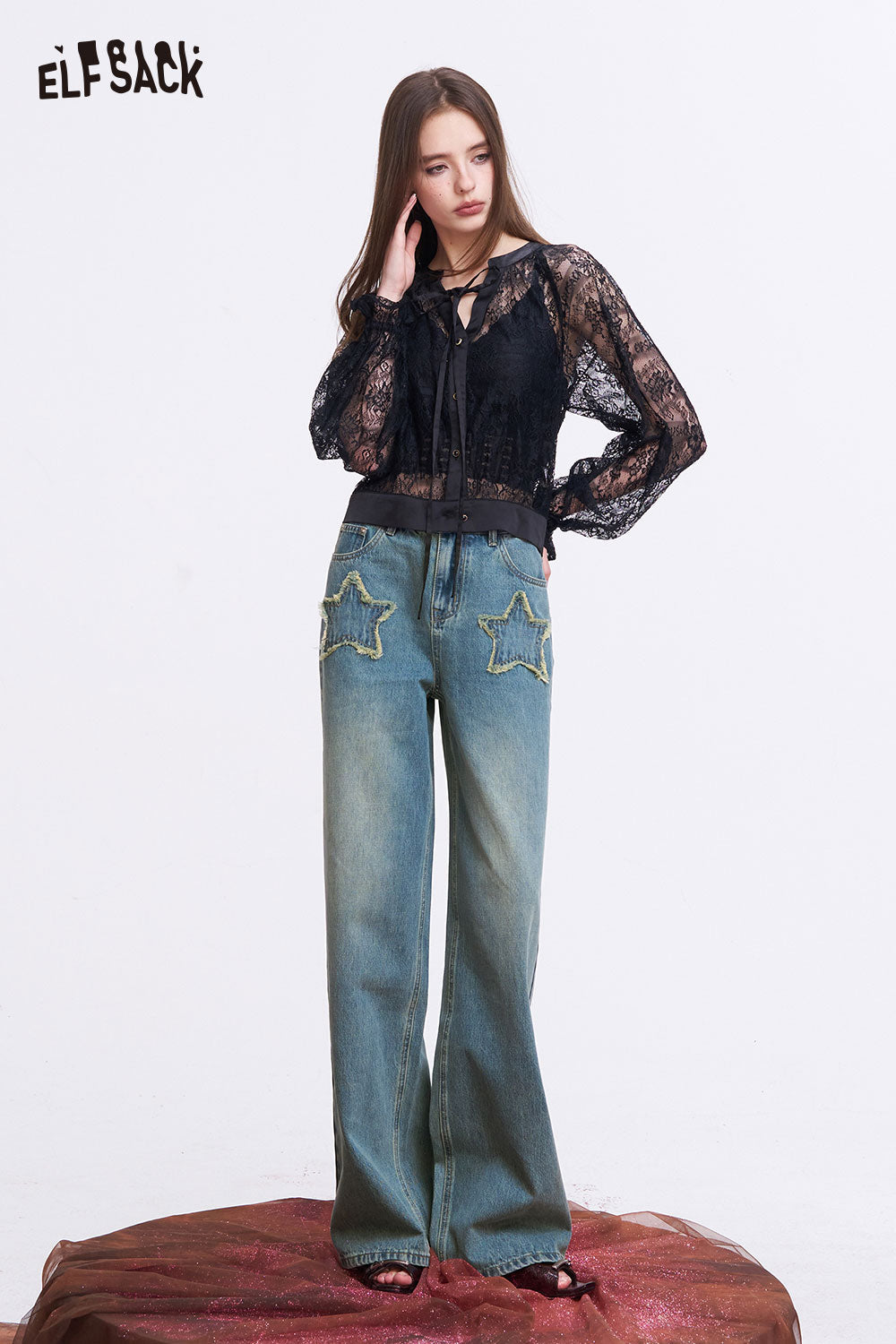ELFSACK Vintage Wide Leg Jeans with Star Patchwork
