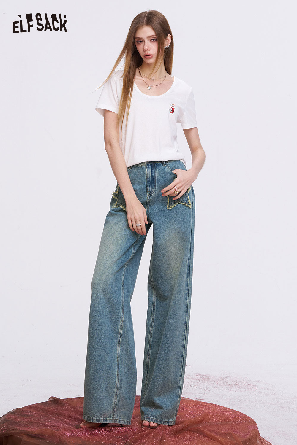 ELFSACK Vintage Wide Leg Jeans with Star Patchwork